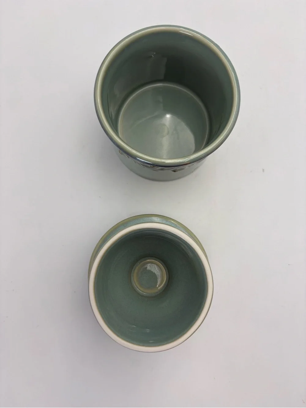 Green Ceramic Butter Bell Crock with Decorative Scroll Band